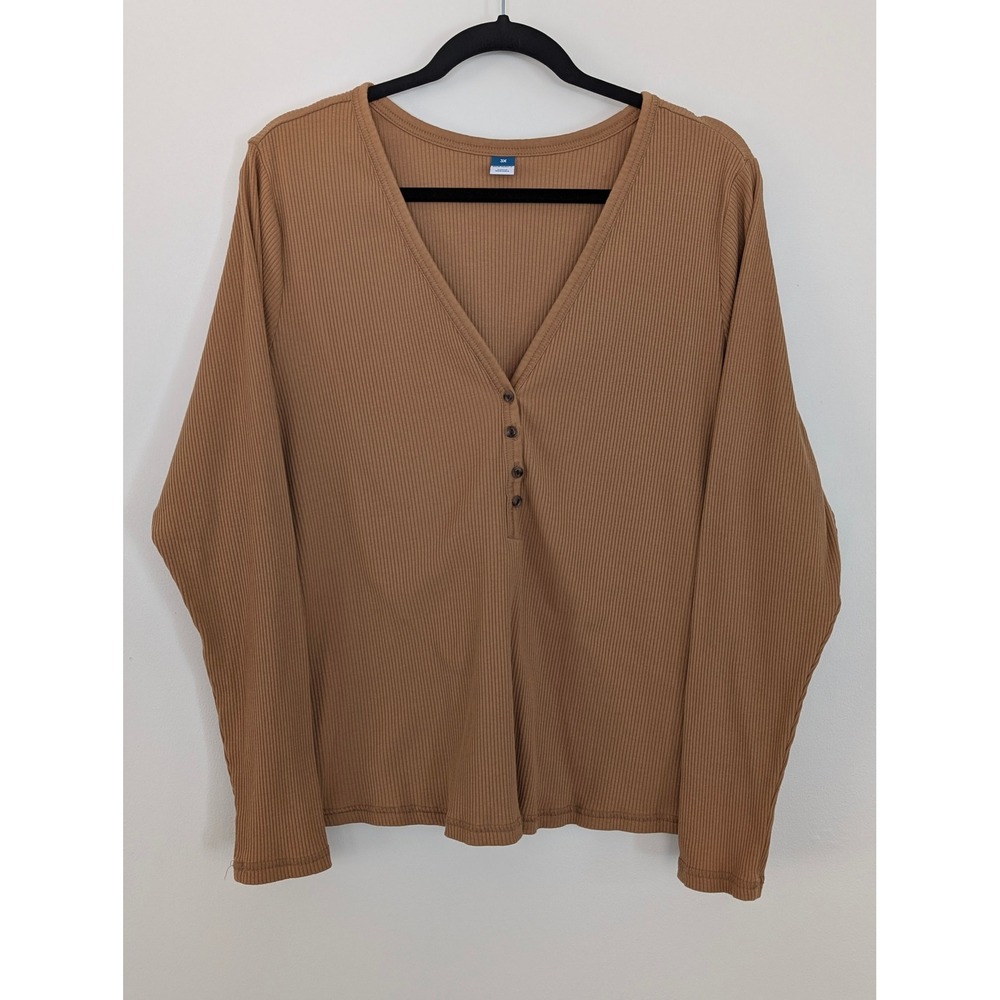 Old Navy Womens 3X Brown Ribbed Henley V-Neck Long Sleeve T-Shirt Top
